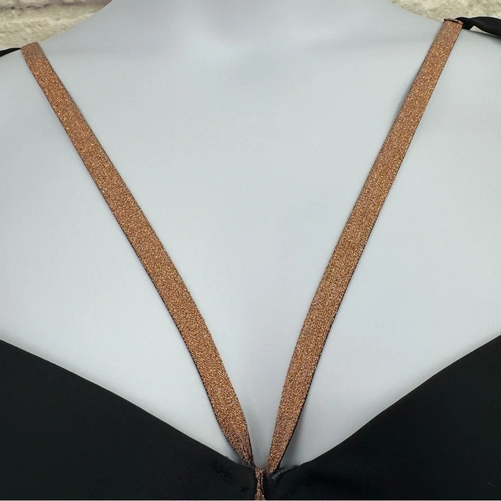 Cacique Lane Bryant Black Strappy Rose Gold Metallic Underwire Swim Top 46D EUC